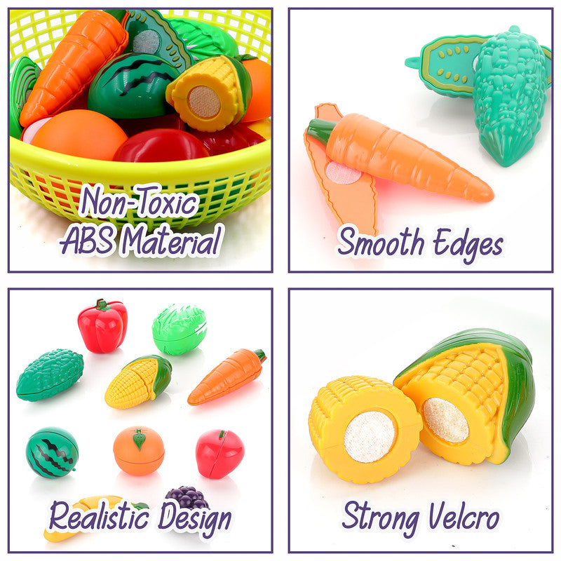 ALVENZA Kids Fruit & Vegetable Cutting Toy Set – Safe Velcro Play Food Basket