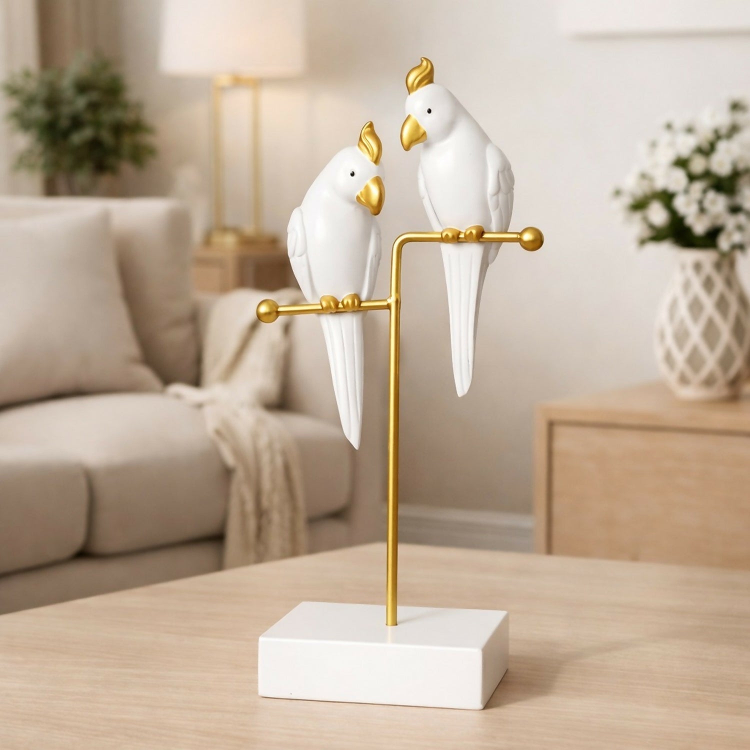 ALVENZA Love Birds Decorative Showpiece – Elegant White & Gold Décor