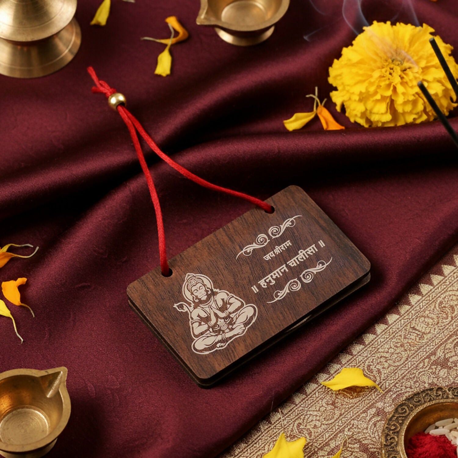 Hanuman Chalisa Wooden Prayer Book – Engraved Devotional Scripture