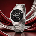 Silver Round Metal Strap Watch – Bold Black Dial for Men