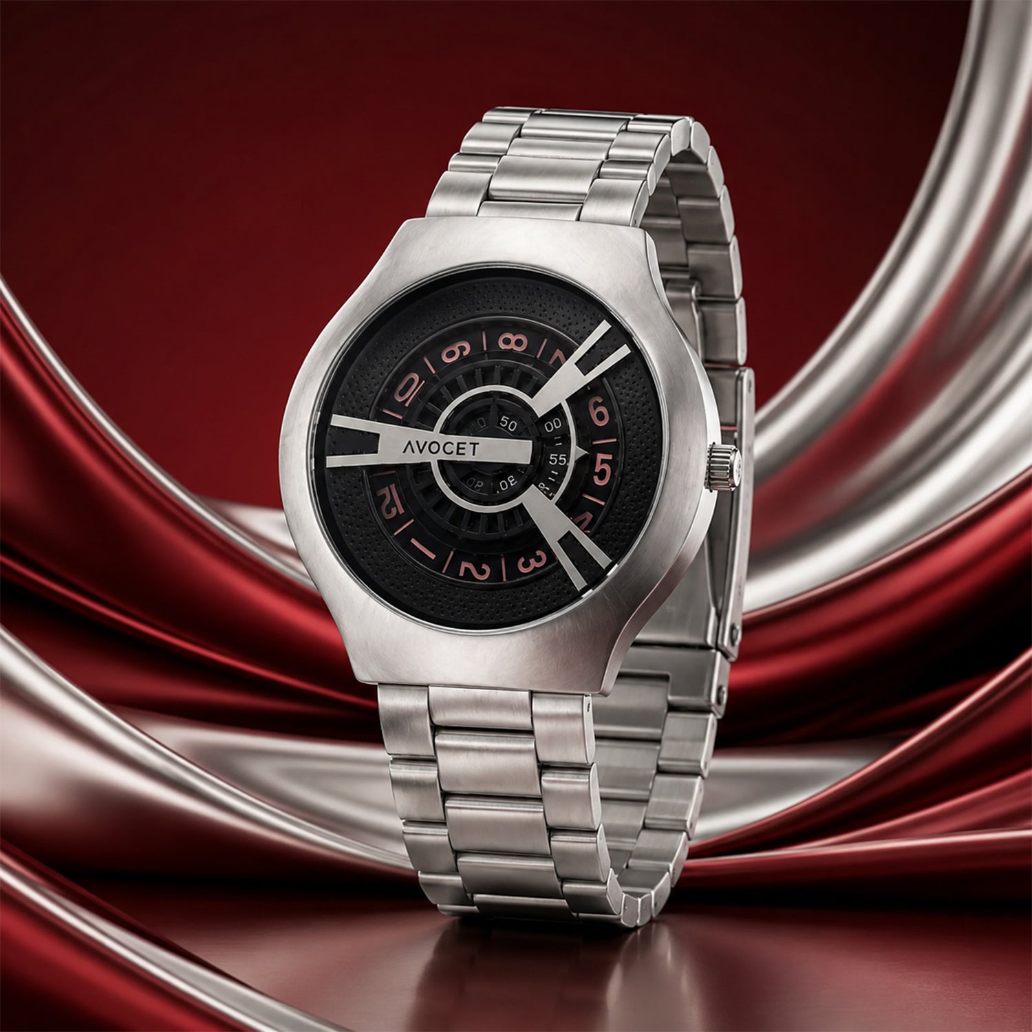 Silver Round Metal Strap Watch – Bold Black Dial for Men