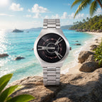 Silver Round Metal Strap Watch – Bold Black Dial for Men