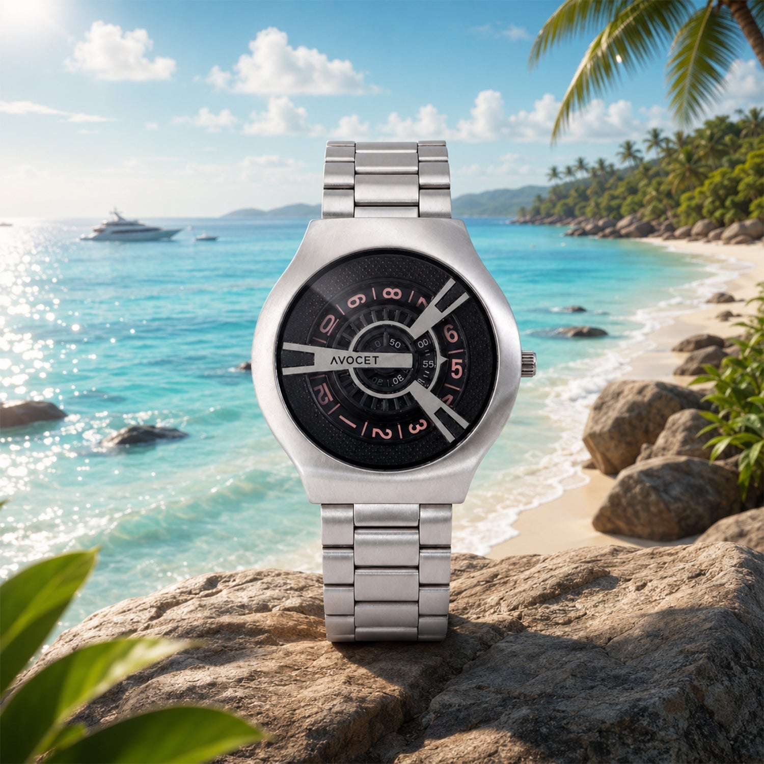 Silver Round Metal Strap Watch – Bold Black Dial for Men