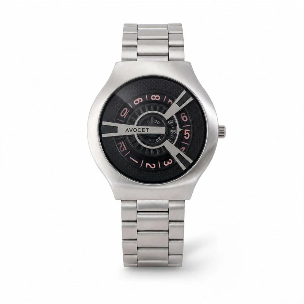 Silver Round Metal Strap Watch – Bold Black Dial for Men