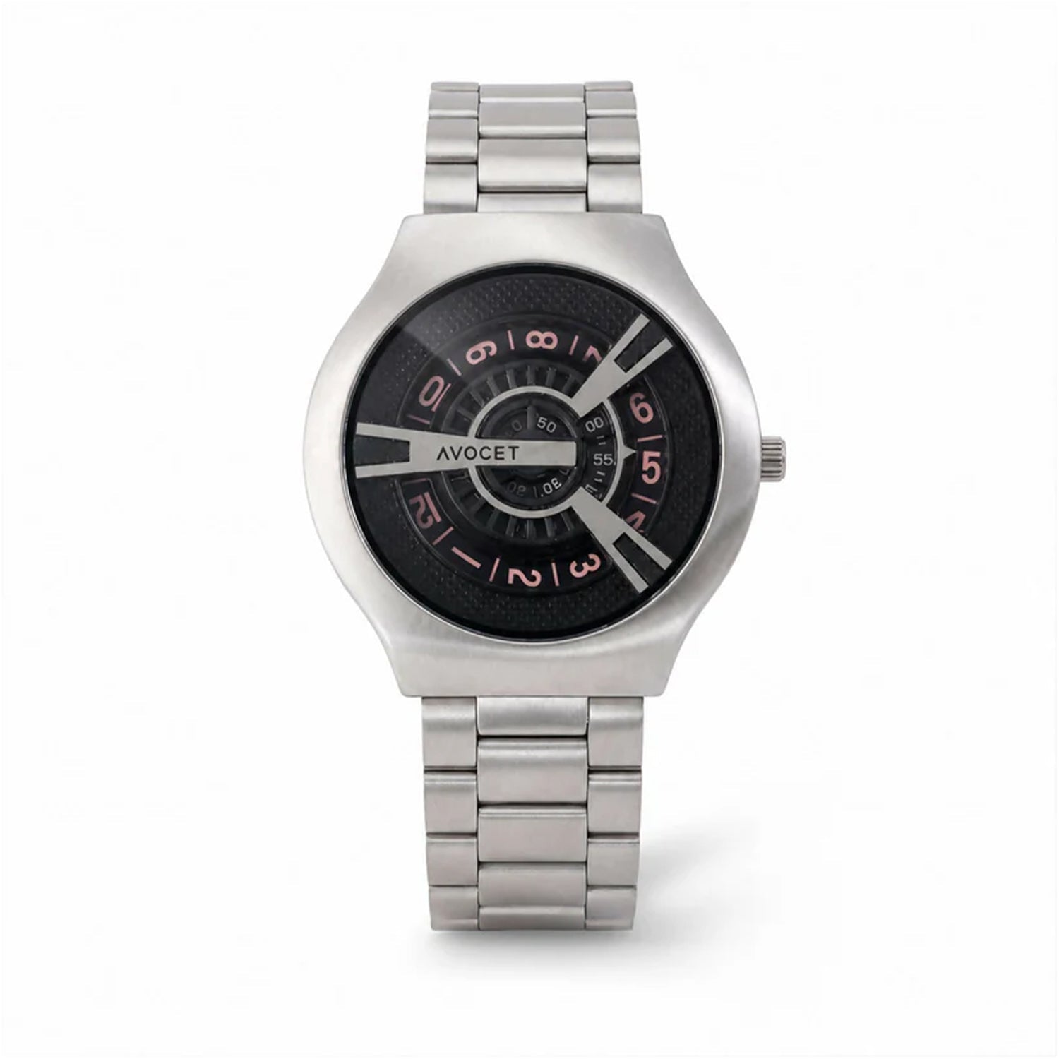 Silver Round Metal Strap Watch – Bold Black Dial for Men