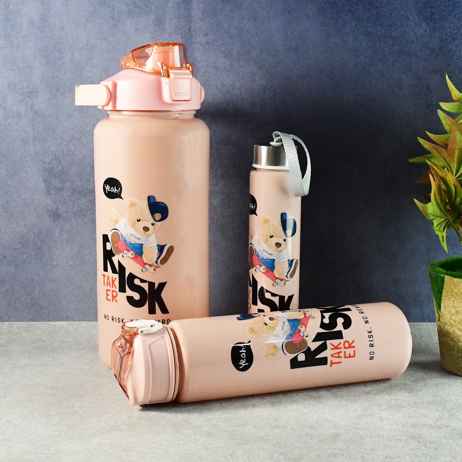 ALVENZA Cartoon Printed Water Bottle Set – Leakproof Multi-Size Trio