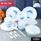 ALVENZA Plastic Dinner Set – Durable 36-Piece Blue Floral Design