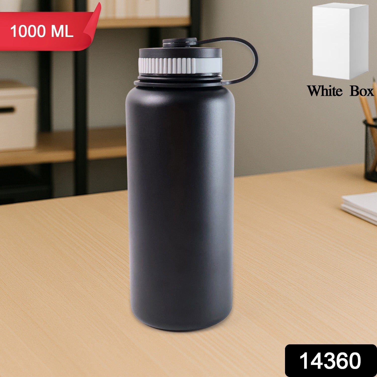 ALVENZA Black Vacuum-Insulated Stainless Steel Water Bottle – 1000ml Durable & Leakproof