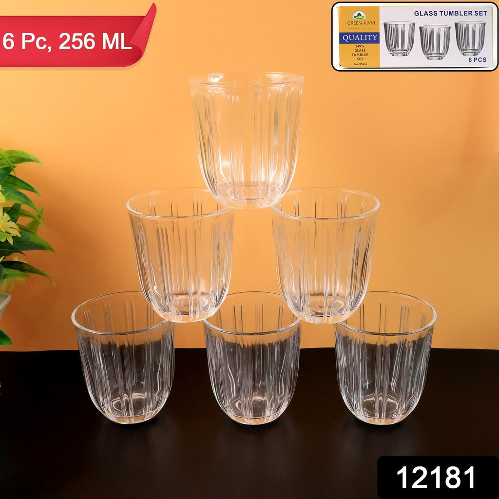 ALVENZA Glass Tumbler Set – Elegant Ribbed Design, 256 ml, 6 Pcs