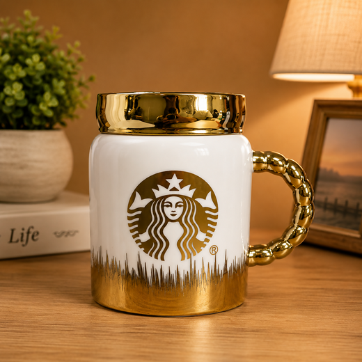 ALVENZA Luxury Ceramic Coffee Mug – Elegant Gold Handle & Lid for Hot Beverages
