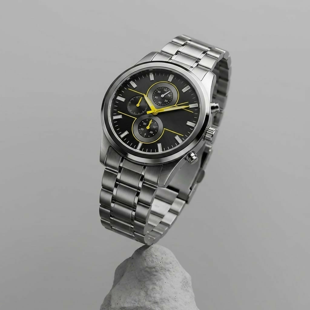 Stylish Chronograph Watch – Elegant black dial with blue accents