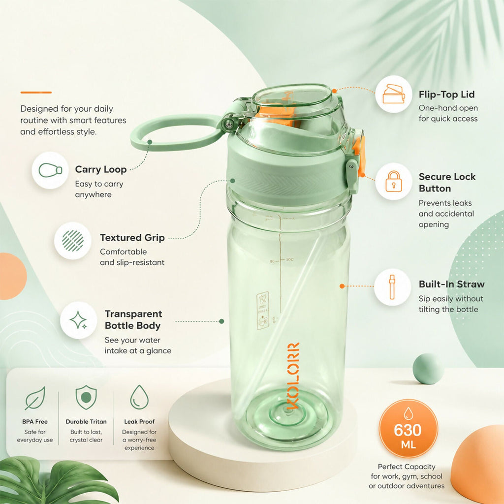 ALVENZA KOLORR Leakproof Flip-Top Sports Water Bottle with Straw for Gym Use (630ML)