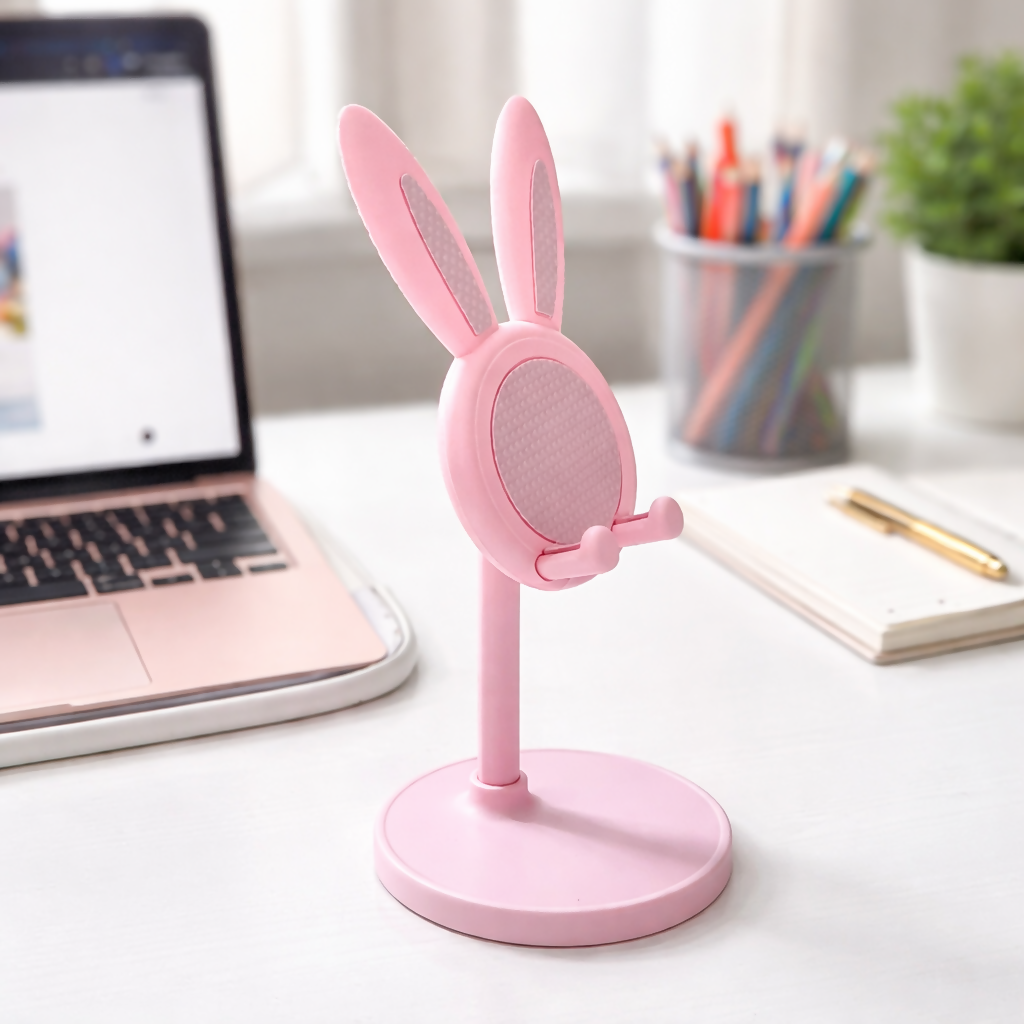 ALVENZA Adjustable Pink Bunny Ear Phone Stand – Cute & Stable Desk Accessory