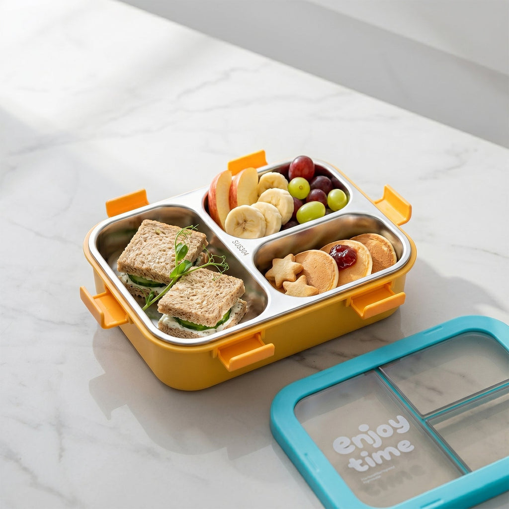 Airtight 3 Compartment Stainless Steel Lunch Box Food Organiser - Back View