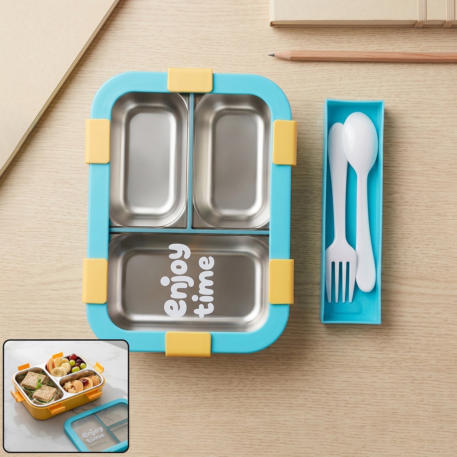 Airtight 3 Compartment Stainless Steel Lunch Box Food Organiser