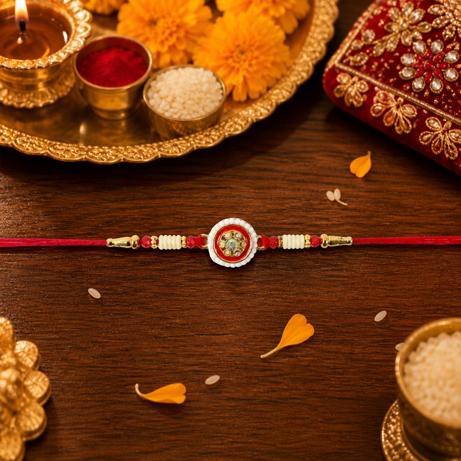 ALVENZA Kundan Pearl Rakhi – Elegant Traditional Brother’s Gift