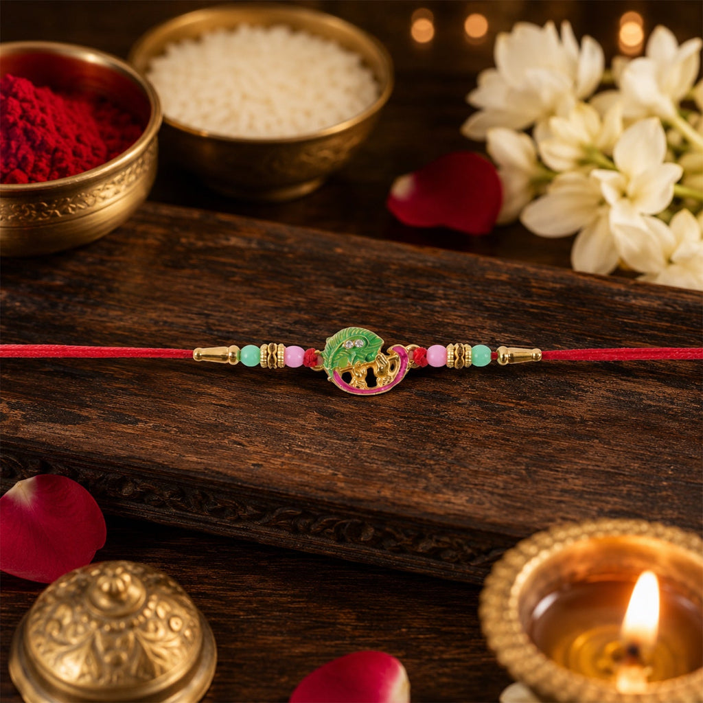 ALVENZA Mini Krishna Peacock Leaf Rakhi – Elegant Traditional Design for Raksha Bandhan