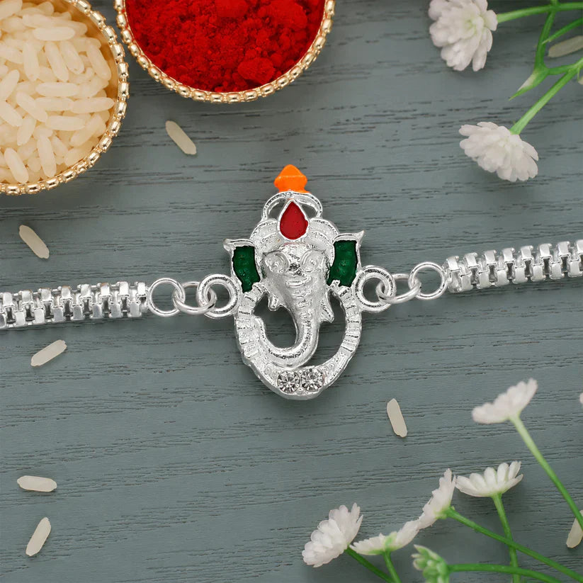 ALVENZA Shop Ganesha Rakhi with Silver Chain Enamel Highlights