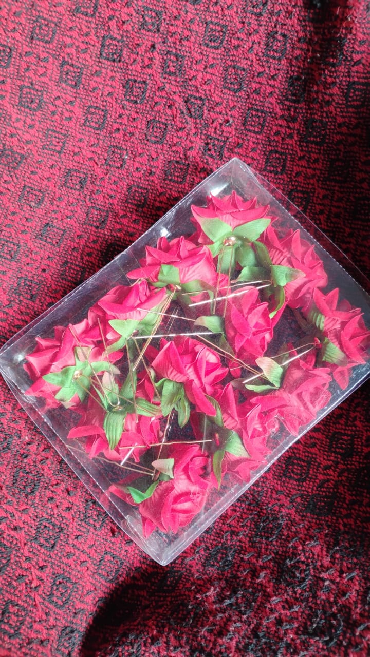 Red Rose Hair Clip 12 Pc Bridal Flower Pins for Women | Calm & Curl - Detail View 7