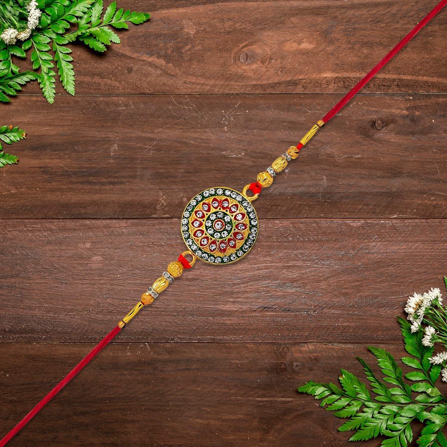 ALVENZA Royal Designer Rakhi – Kundan Centerpiece with Golden Beads