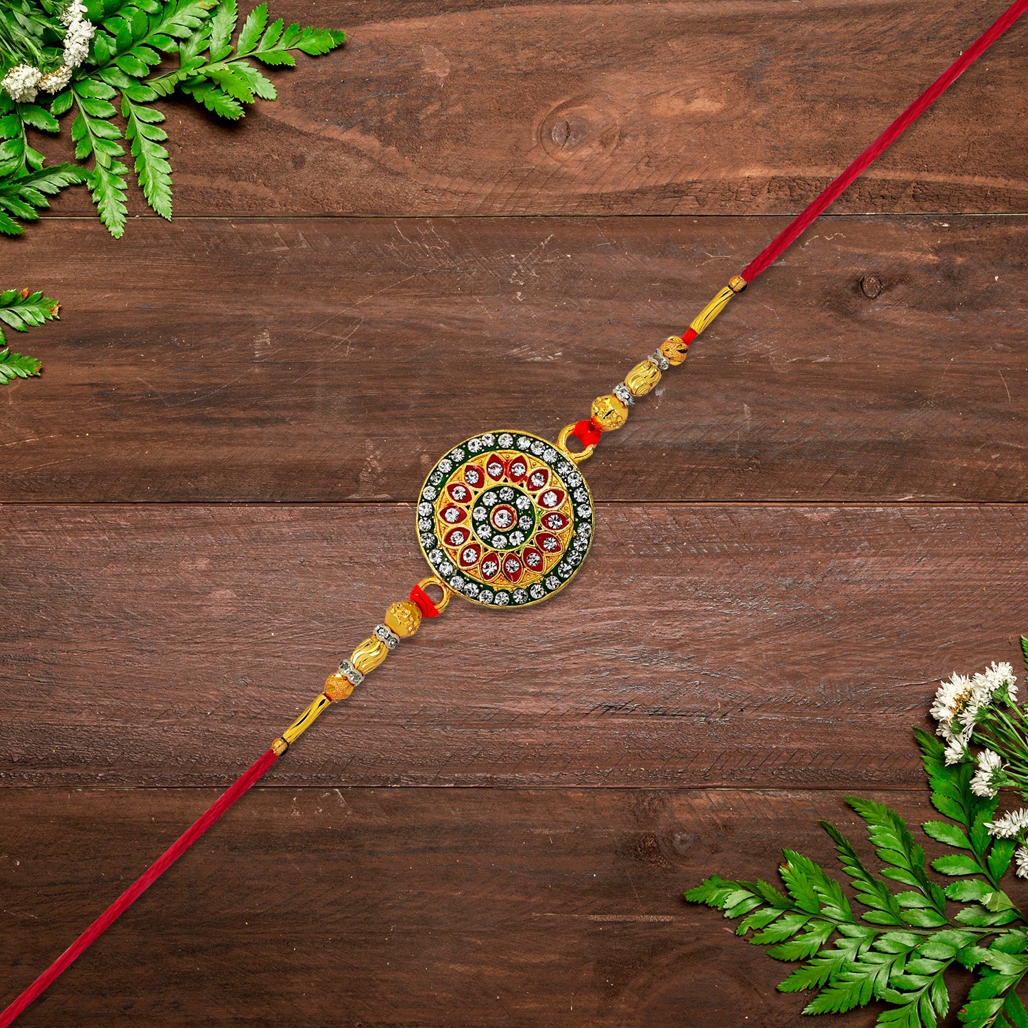 ALVENZA Royal Designer Rakhi – Kundan Centerpiece with Golden Beads