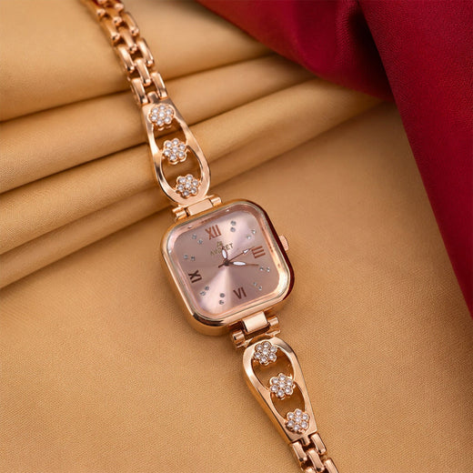 Women's Rose Gold Watch – Square Dial Floral Bracelet