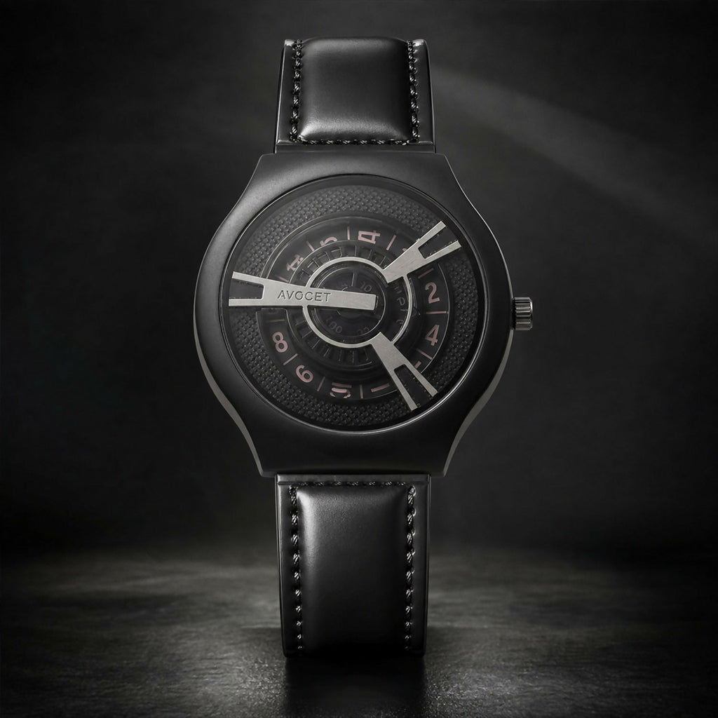Black Luxury Watch – Elegant Rose-Gold Dial & Leather Strap