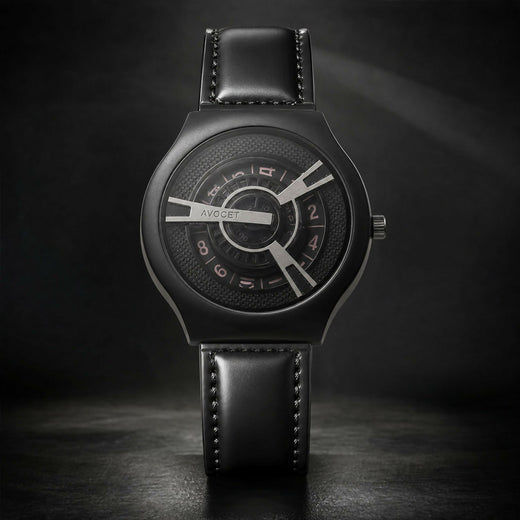 Black Luxury Watch – Elegant Rose-Gold Dial & Leather Strap