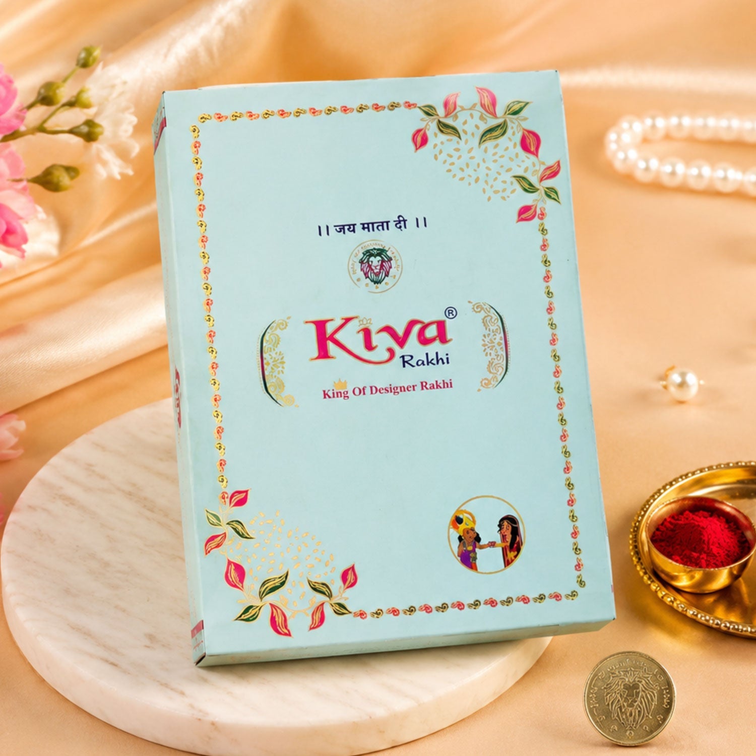ALVENZA Oval Pink Stone Filigree Rakhi with Red Thread, Roli Chawal Coin and Gift Box Packing