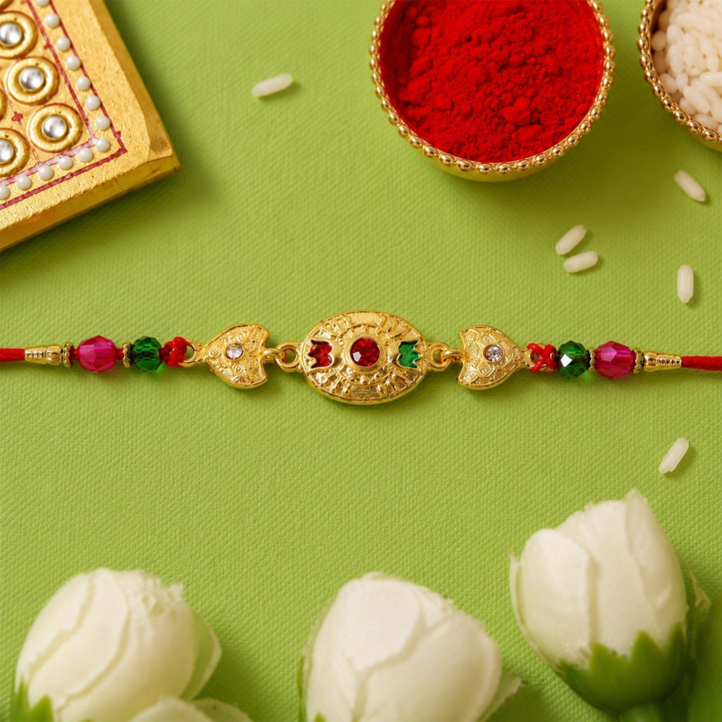ALVENZA Shop Gold Stone Rakhi with Colourful Beads for Brothers
