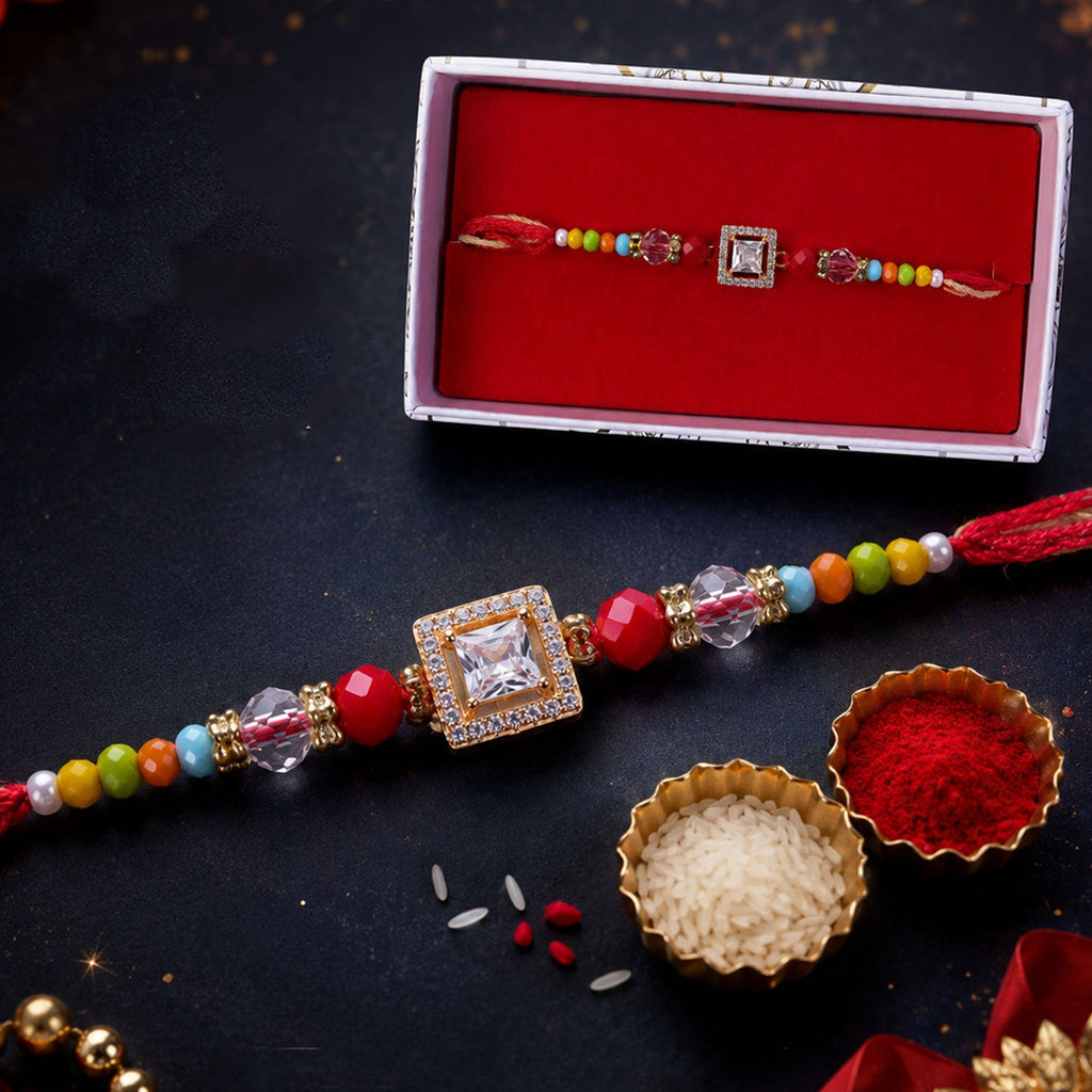 ALVENZA Multicolour Crystal Square Solitaire AD Stone Designer Rakhi for Brother