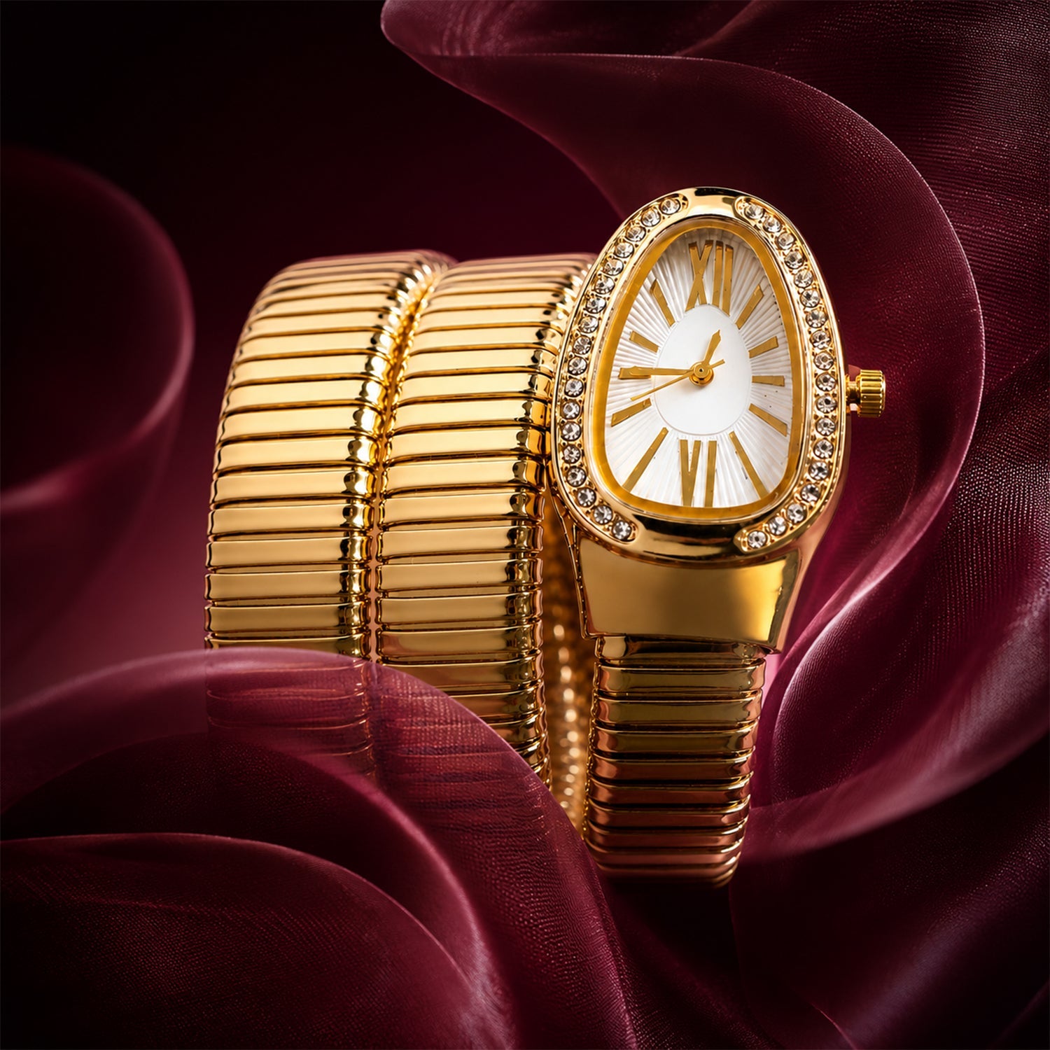 Golden Oval Snake Style Bracelet Watch with Crystal Border Dial for Women