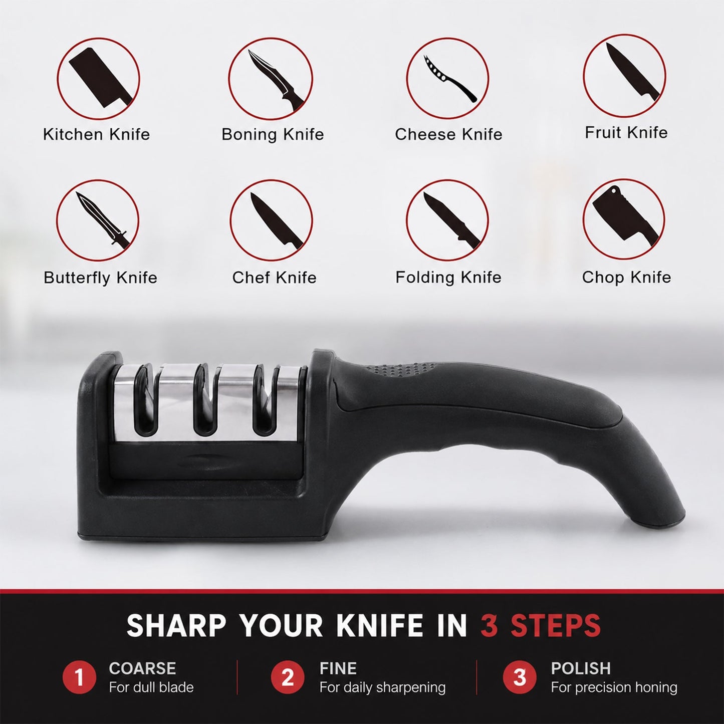  3 Stage Manual Knife Sharpener Tool for Steel and Ceramic Knives Ki... - Detail 7