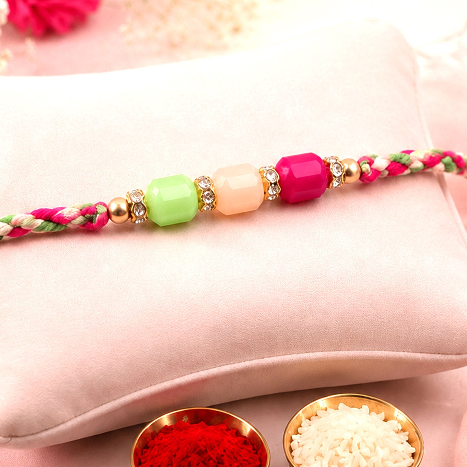 ALVENZA Bright Macrame Bracelet Rakhi with Green Peach Pink Beads and Colorful Thread