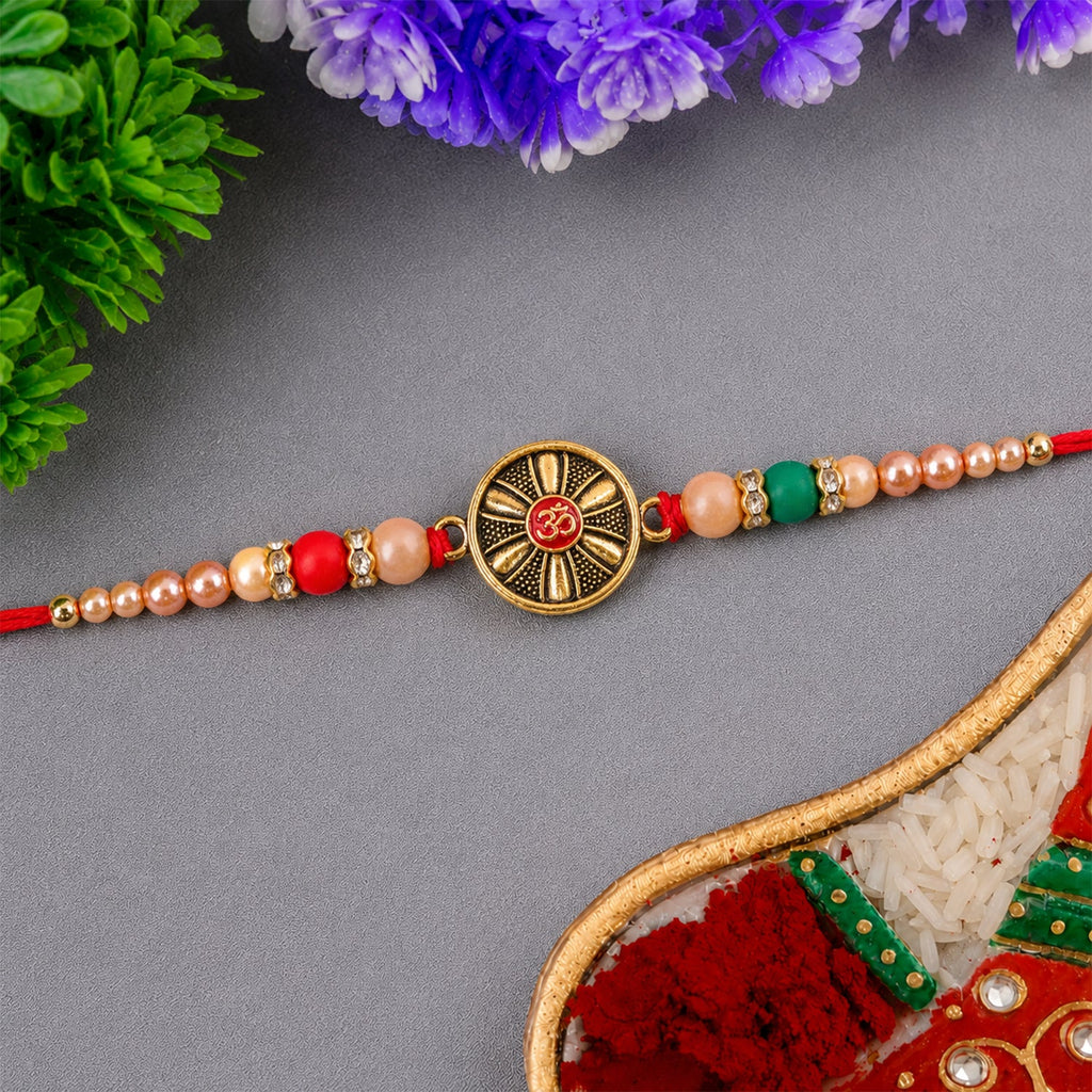 ALVENZA Oxidised Antique Chakra Wheel Designer Rakhi for Brother with Red Stone