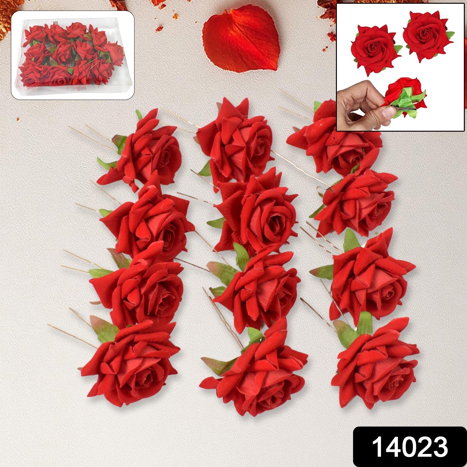 Red Rose Hair Clip 12 Pc Bridal Flower Pins for Women | Calm & Curl - Side View