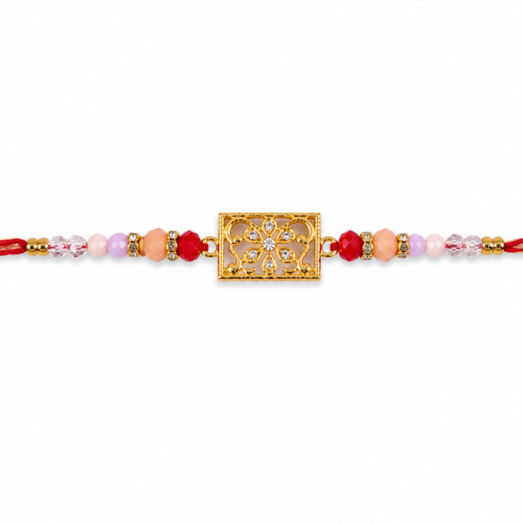 ALVENZA Rectangular AD Filigree Designer Rakhi for Brother with Pink Beads Gift