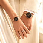 Rose Gold Couple Watch Set with Black Dial Chronograph Style Metal Strap