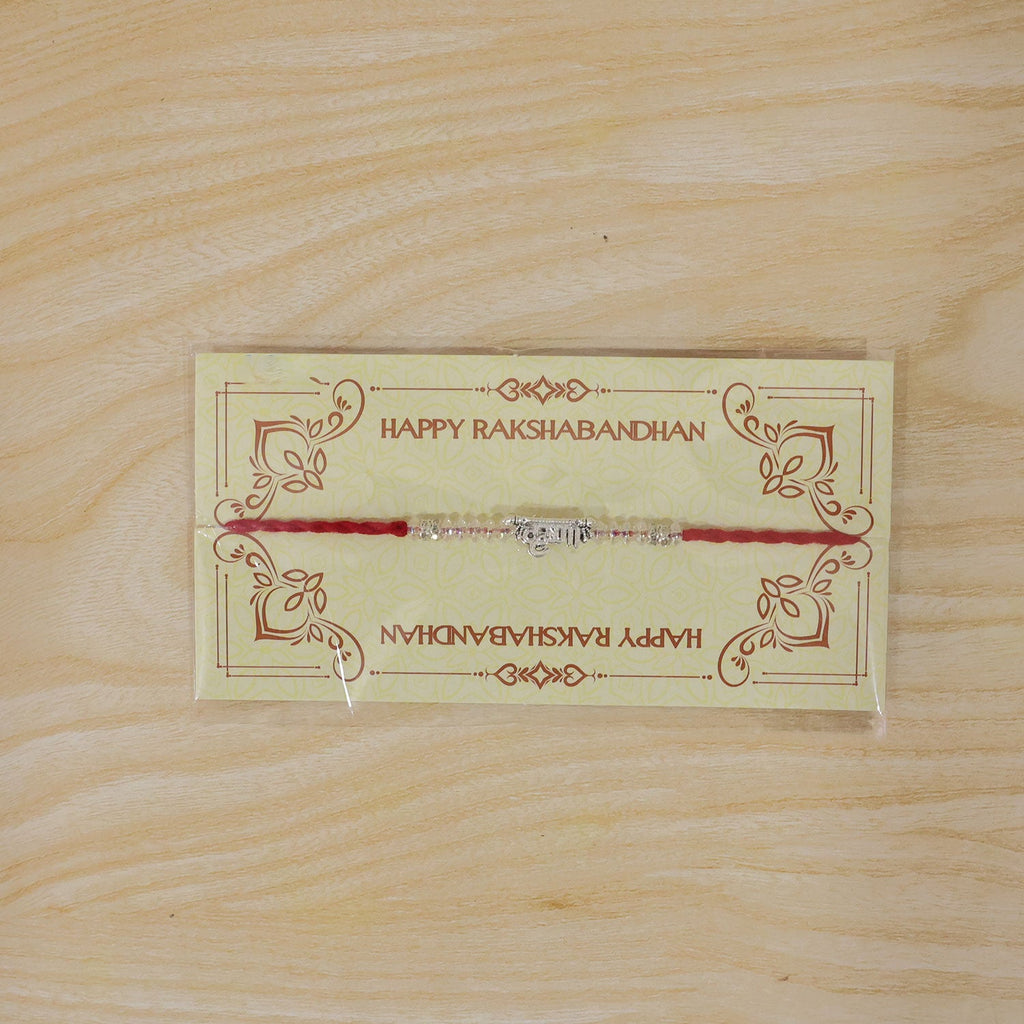 ALVENZA Silver Bhaiya Name Rakhi with Crystal Beads, Red Thread and Sparkling Detail
