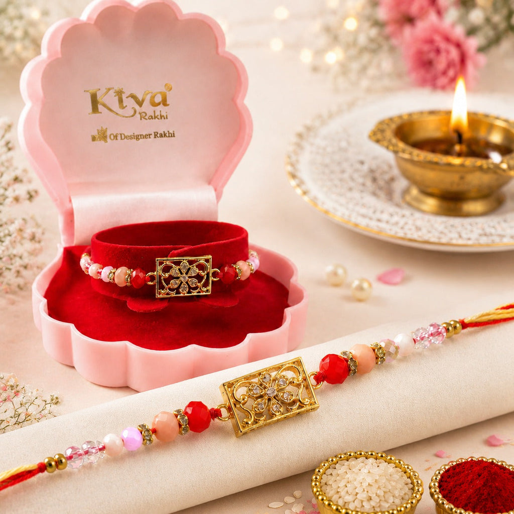 ALVENZA Rectangular AD Filigree Designer Rakhi for Brother with Pink Beads Gift