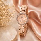 Women's Rose Gold Analog Wrist Watch with Crystal Bezel