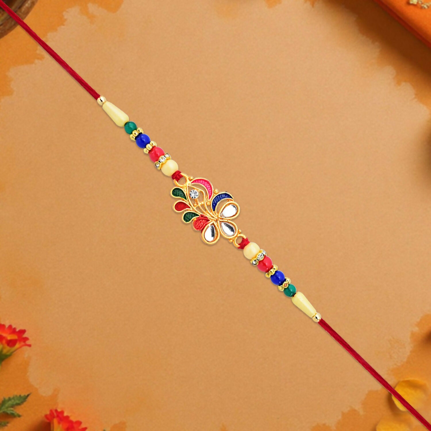 ALVENZA Peacock Feather Rakhi - Elegant Multicolor Beads for Brother