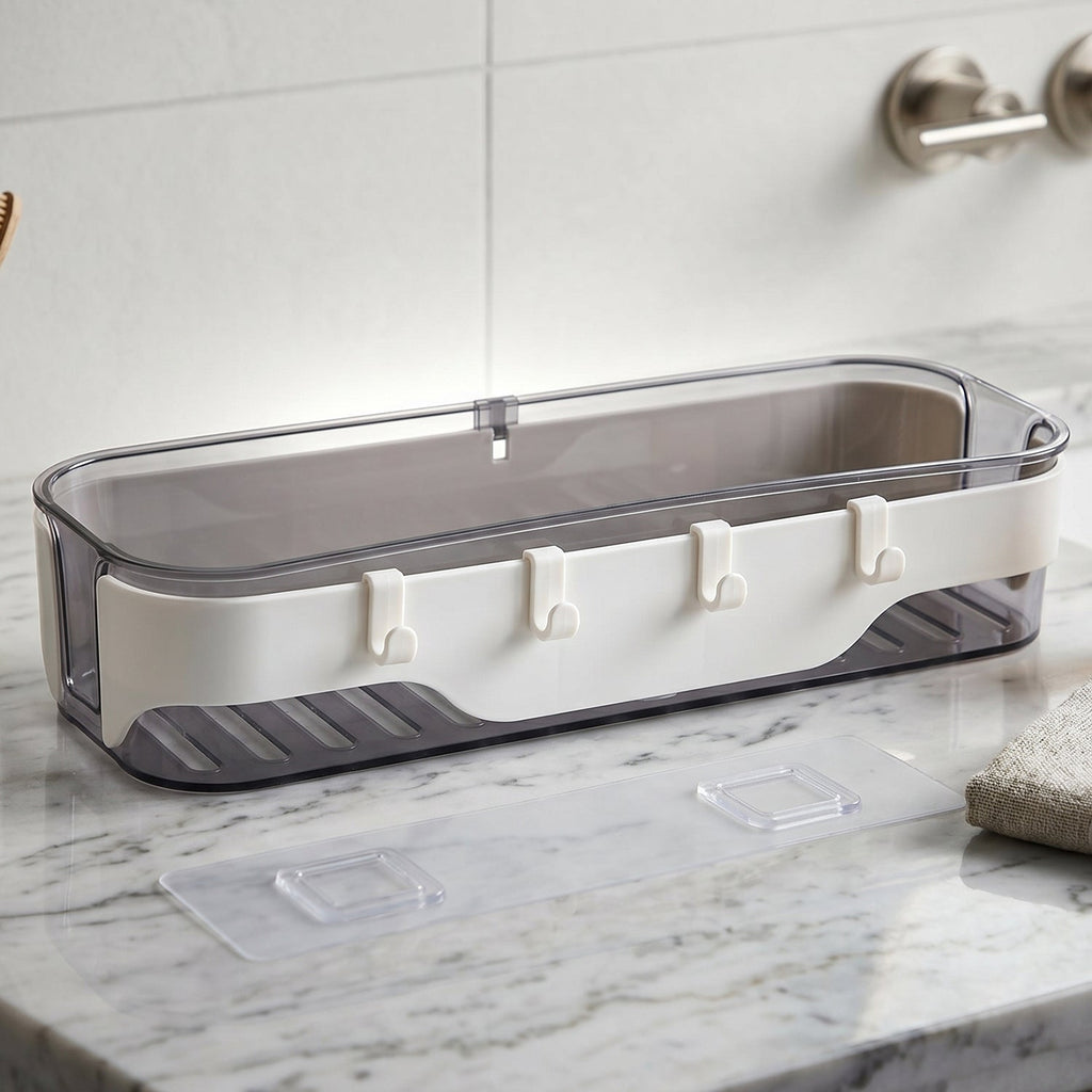 Bathroom Wall Shelf Space-Saving with Hooks & Modern Design - Front View