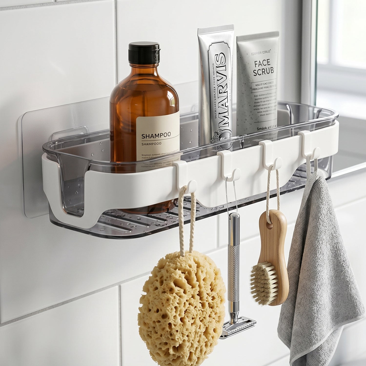 Bathroom Wall Shelf Space-Saving with Hooks & Modern Design - Detail View 5