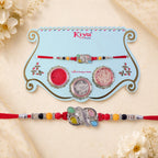 ALVENZA Silver Butterfly Leaf Rakhi with Pastel Stones, Roli Chawal Coin and Card Packing