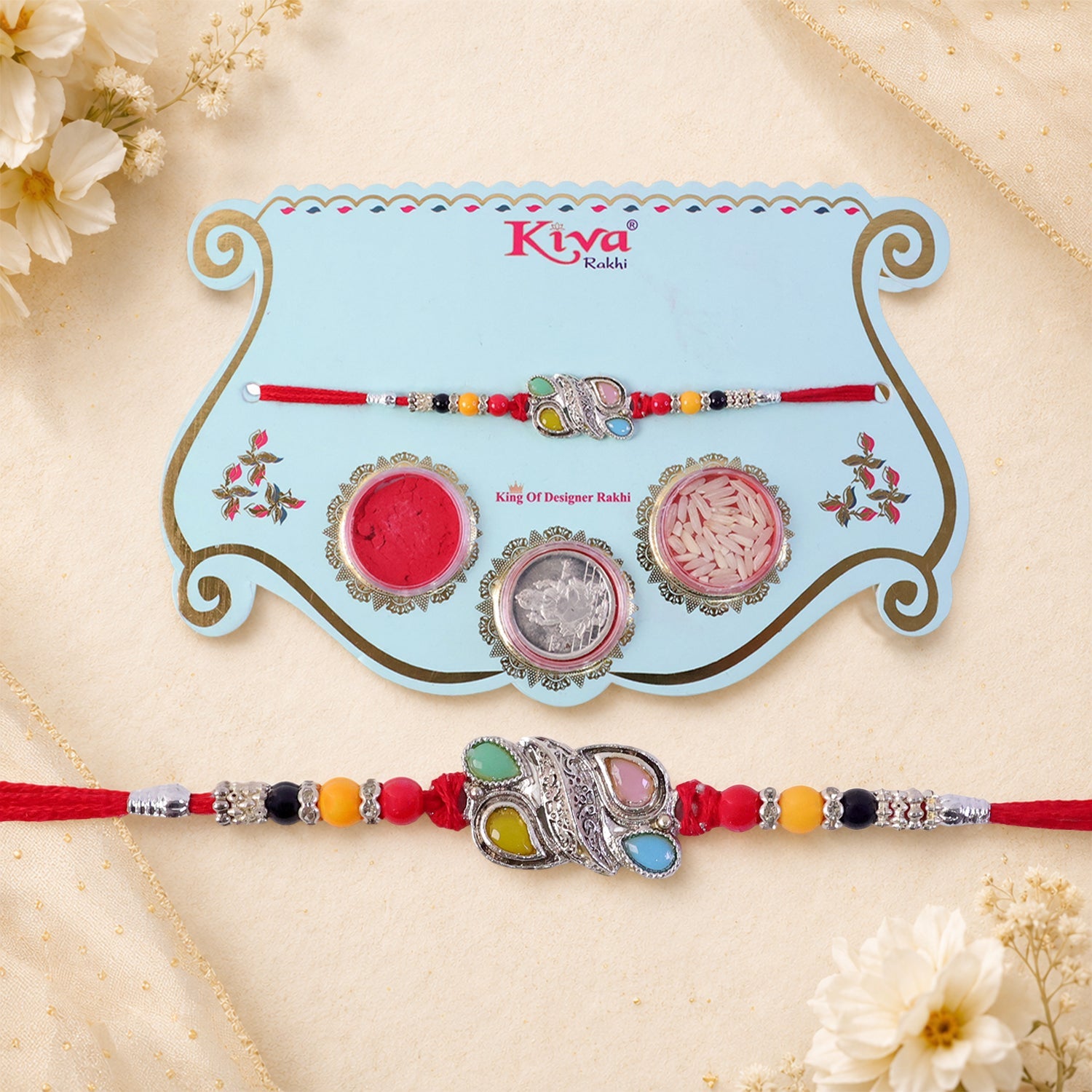 ALVENZA Silver Butterfly Leaf Rakhi with Pastel Stones, Roli Chawal Coin and Card Packing