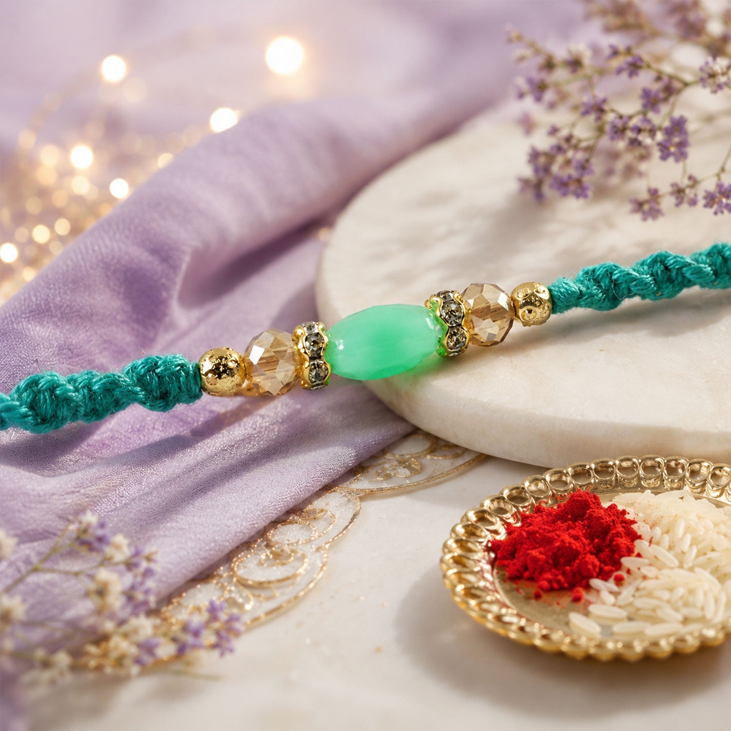ALVENZA Turquoise Macrame Bracelet Rakhi with Mint Beads, Pearl Accents and Modern Thread