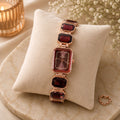 Rose Gold Square Shape Dial Watch with Black Red Stone Strap Design for Women