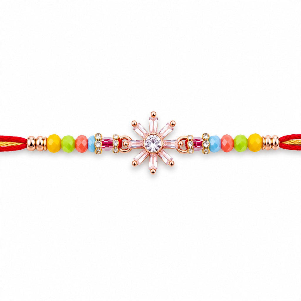 ALVENZA Rose Gold Sunburst Crystal Rakhi with Baguette AD Stones and Rainbow Pastel Beads