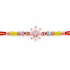 ALVENZA Rose Gold Sunburst Crystal Rakhi with Baguette AD Stones and Rainbow Pastel Beads